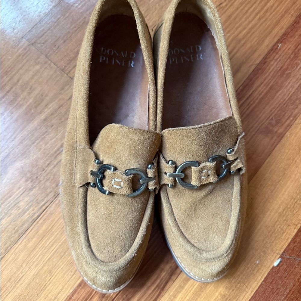 Donald J. Pliner women’s Brown Suede Loafers with Metal Accent